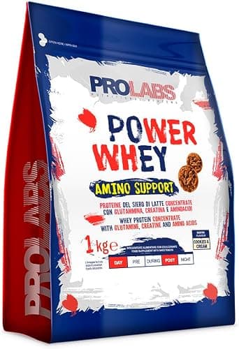 PROLABS – Proteine in Polvere POWER WHEY AMINO SUPPORT Concentrate Ricche di Aminoacidi Essenziali e BCAA, Whey Protein + Creatina, Glutammina, Vitamina B6 Crescita, Forza, Recupero 1kg, Cookies&amp;Cream Generico - integratore