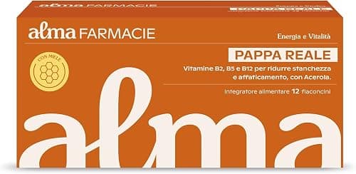 Pappa Reale Alma Farmacie, Integratore Ricostituente per ridurre Stanchezza, Supporto al Sistema Immunitario; con Vitamine B2, B5, B12, D e Acerola, Senza Glutine e Lattosio, 12 Flaconcini Generico - integratore