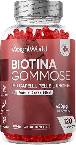 Biotina Capelli, Pelle e Unghie, 120 Caramelle Gommose Biotina, 1 al Giorno | 450μg di Vitamina B7 con Vitamina A, E, D3, Selenio, Iodio, Colina, Acido Folico e Vit C, Formula Priva di Glutine e OGM Generico - integratore