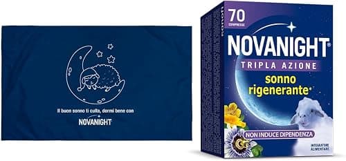 Novanight Tripla Azione Melatonina per Dormire, Integratori, Disturbi del Sonno - Senza Glutine, con Melatonina, Escolzia, Passiflora, Melissa, Non Induce Dipendenza (Edizione Limitata 70 Cpr+Federa) Generico - integratore
