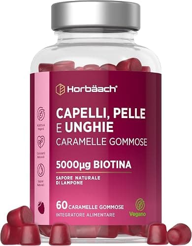Vitamine per Capelli Gommose | Biotina 5000 mcg + Acido Folico, Vitamine C, B6, E, B12, A, D e Zinco | Integratore Capelli Pelle Unghie | 60 Caramelle Gommose | VEGAN | di Horbaach Generico - integratore