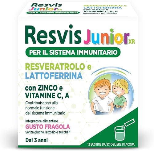 Resvis Junior Xr, Integratore Alimentare di Resveratrolo e Lattoferrina, per il Benessere del Sistema Immunitario, Bambini dai 3 Anni, Senza Glutine, Lattosio e Zuccheri, 12 Bustine , Gusto Fragola Generico - integratore