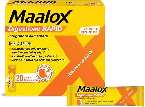 Maalox Digestione RAPID, Integratore per Cattiva Digestione, 20 Bustine | Integratori per Acidità di Stomaco, Adulti e Bambini 6+, Adatto in Gravidanza, Senza Glutine e Senza Lattosio, Gusto arancia Generico - integratore