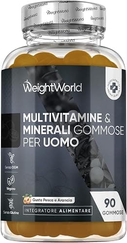 Multivitaminico Uomo, 90 Gommose Vegane, 12 Vitamine e Minerali, Maca Nera, Panax Ginseng, Selenio, Zinco, Vitamina C, Vitamina B Complex, Multivitaminico Completo alla Pesca e Arancia, Senza Glutine Generico - integratore