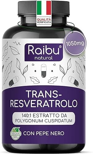 Resveratrolo Puro, 1050mg di Trans-Resveratrolo 98% da Polygonum Cuspidatum - Antiossidante Naturale, Alto Assorbimento - Senza Magnesio Stearato né OGM - 60 capsule vegane Generico - integratore