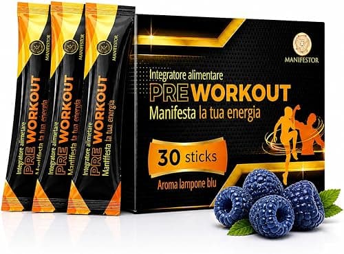 Pre Workout Pre Allenamento 30 Stick 300g Integratore Sport con Creatina Citrullina Beta Alanina Taurina Caffeina Vitamine B6 B12 Energia e Concentrazione Prima dello Sport Aroma Lampone Blu Generico - integratore