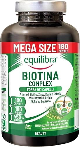 Equilibra Biotina Altodosata 450 mcg, per Capelli e Unghie, con Zinco, Rame, Selenio, Estratti di Ortica, Miglio, Equiseto, Vegan, Senza Glutine, Privo di Lattosio, 180 Capsule Generico - integratore