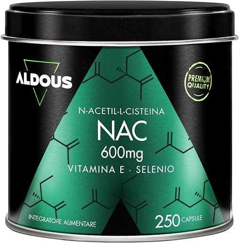 NAC N-Acetil-Cisteina 600mg - 250 Capsule per 250 Giorni - Energia | Difese Immunitarie e Benessere Vie Respiratorie - Vitamina E + Selenio - Precursore del Glutatione - Acetilcisteina - Aldous Generico - integratore