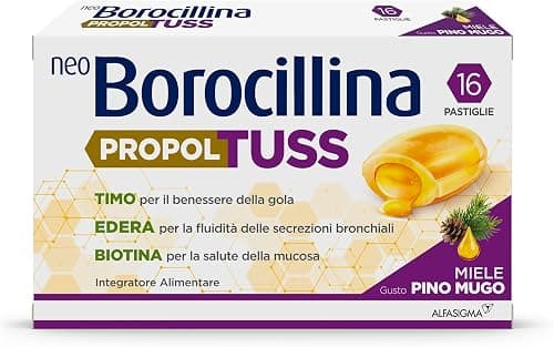 Neo Borocillina Propoltuss, Integratore Alimentare per i primi sintomi della tosse e il benessere della gola, 16 Pastiglie, Gusto Pino Mugo Generico - integratore