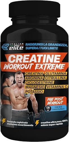 Italian Elite® Creatine Extreme, Creatina con Glutammina, Arginina, Citrullina, Vit C Magnesio, Potassio, Ciclodestrine. Pre Post Workout 120cp Monoidrata Micronizzata a Rapido Assorbimento Muscolare Generico - integratore