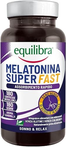 Equilibra Melatonina Super Fast Orosolubile, 180 Compresse Orosolubili | Aroma Camomilla, Vegan, per Ridurre il Tempo per Prendere Sonno, con Assorbimento Rapido, Senza Bisogno di Acqua Generico - integratore
