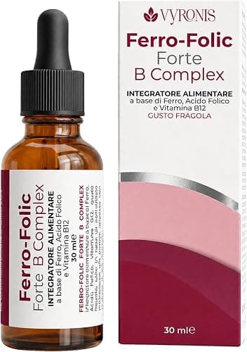 Integratore di Ferro Liquido e acido folico alta titolazione. Ferro bisglicinato Naturale puro, VitaminaB12 – Supporto per Anemia, Produzione Globuli Rossi – Gusto fragola Generico - integratore