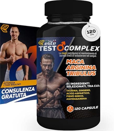 Italian Elite® Testo Complex 120 caps Maca Peruviana 8000mg Integratore | Con 21 ingredienti tra cui Zinco, Tribulus, Fieno Greco, Ashwagandha, Arginina, Ginkgo, Taurina, Ginseng, Vitamine e Minerali Generico - integratore