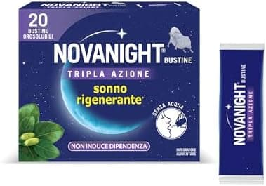 Novanight Tripla Azione Bustine, Magnesio, Melatonina per Dormire, Integratori per Dormire, Disturbi del Sonno - Senza Glutine, con Griffonia, Non Induce Dipendenza (20 Bst Gusto Camomilla e Agrumi)