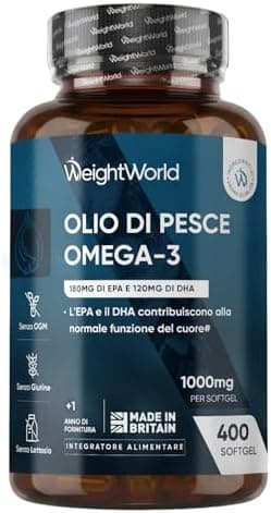 Omega 3 Olio di Pesce, 400 Softgel, (Fornitura 1+ Anno), 1 Softgel al Giorno, Omega3 Fonte di Acidi Grassi Essenziali, EPA e DHA Contribuiscono alla Normale Funzione del Cuore (EFSA), Fish Oil 1000mg