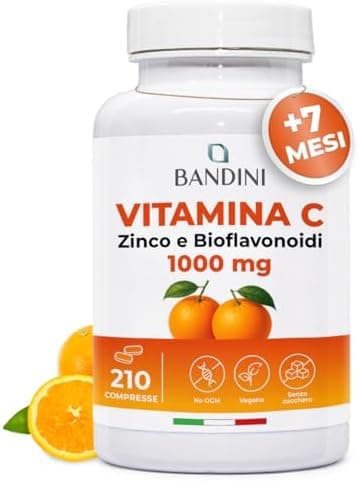 Bandini® Vitamina C 1.000mg + Zinco 210 Compresse (+7 Mesi) | Sistema Immunitario, Pelle, Ossa, Unghie, Capelli | Integratore con Acido Ascorbico ad Alto Dosaggio e Bioflavonoidi 100% Vegan