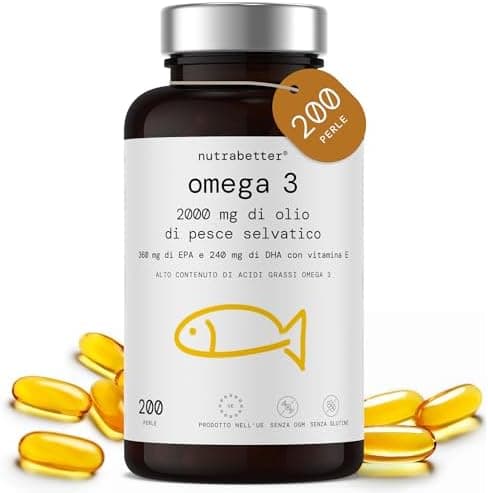 Omega 3 Olio di Pesce da 2000 mg | 200 Capsule Softgel | 600 mg omega - 3 Puro + Vitamina E | Cuore, Vista, Funzione Cerebrale | Qualità Testata | Fish Oil Omega3 | Integratore Omega 3 NUTRABETTER - integratore