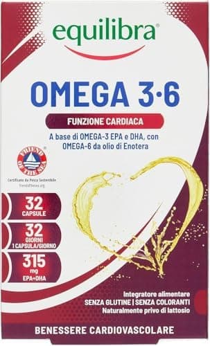 equilibra Integratori Alimentari, Omega 3-6, Integratore con EPA e DHA, per la Normale Funzione Cardiaca e Cerebrale, per la Capacità Visiva Normale, 32 Capsule Equilibra - integratore